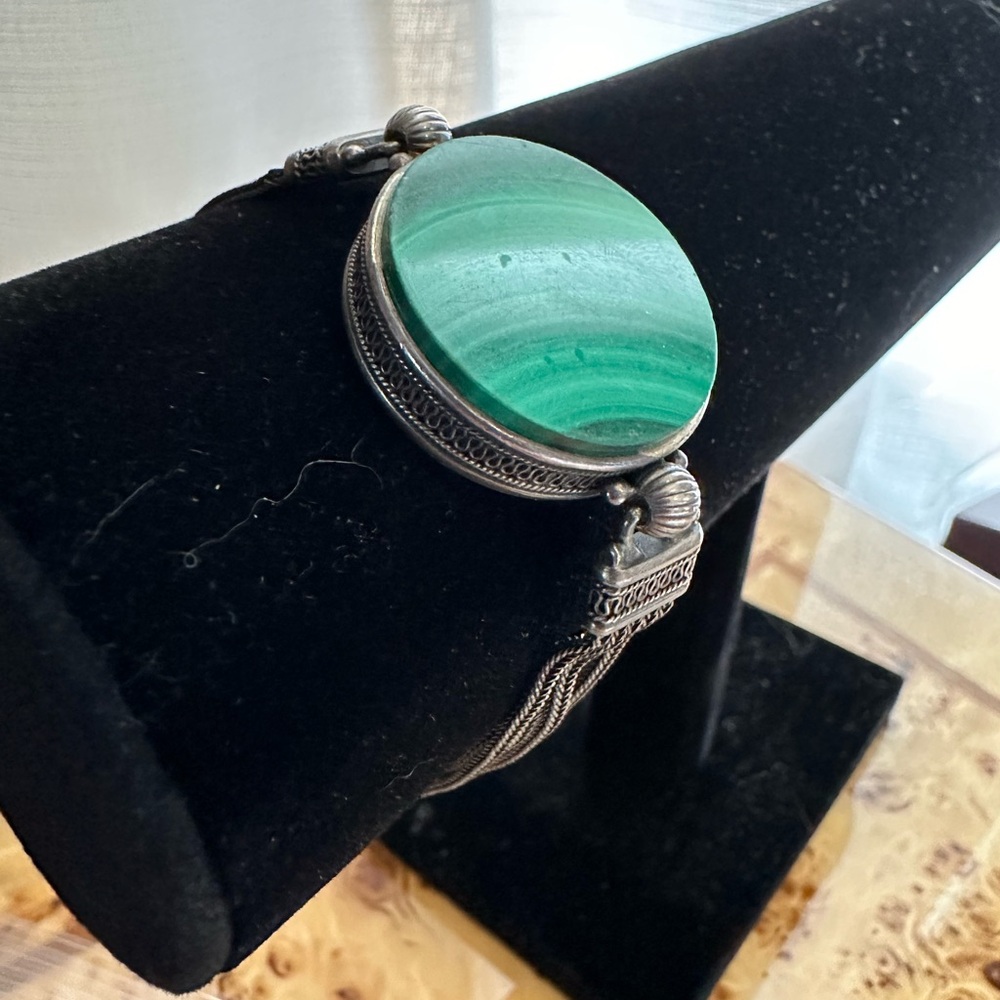 Vintage 925 Silver Malachite Bracelet Native - Picture 14 of 15